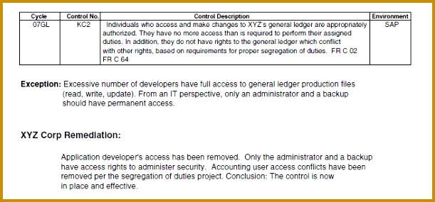 Example remediation work paper entry 285611
