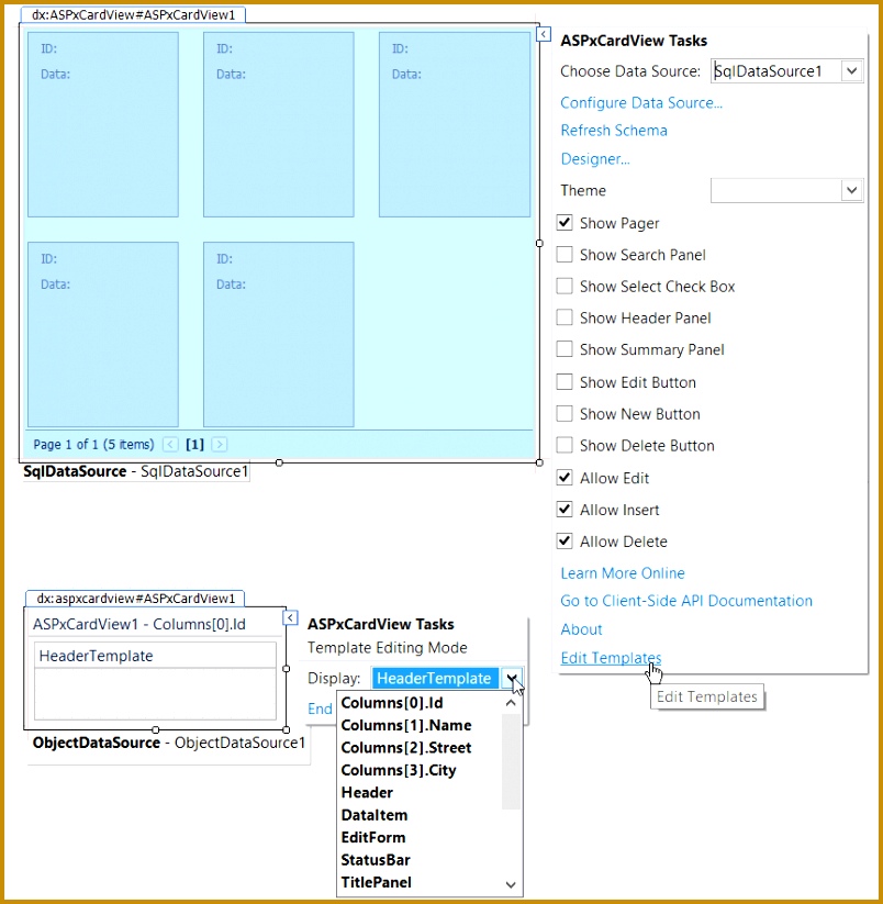 Select the Edit Template menu item and select the template you want to edit As a result the ASPxCardView will be displayed in template editing mode 823804