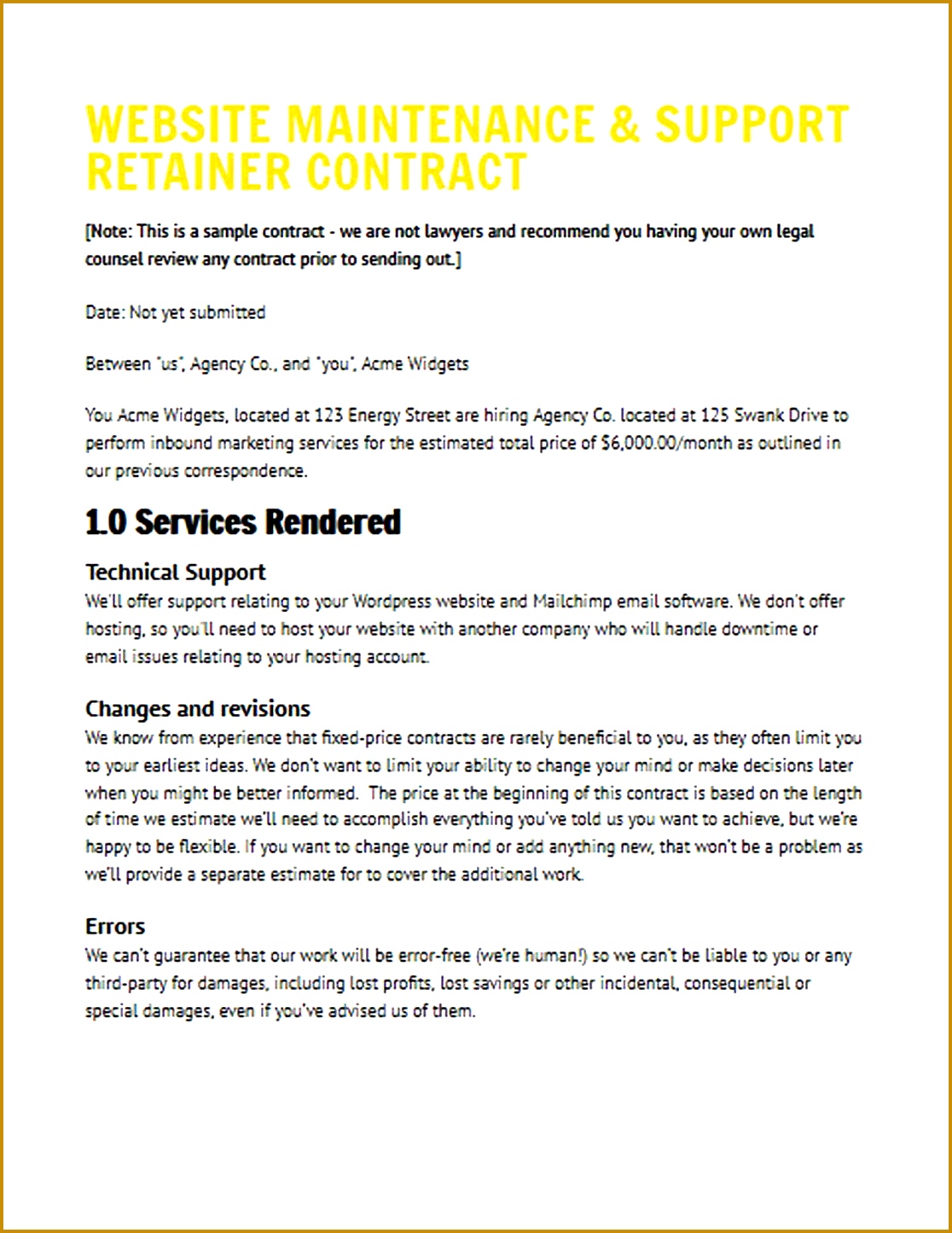 Web Support Retainer Proposal Sample Contract Form 11161445
