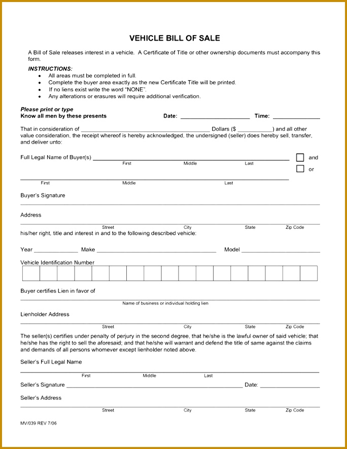 Printable Sample Free car bill of sale template Form 684885