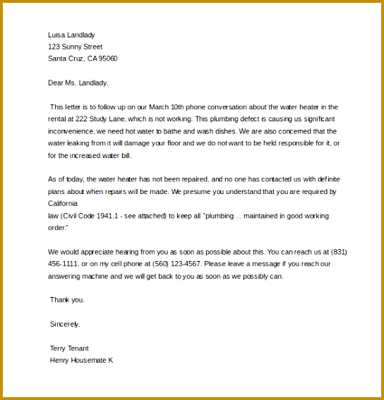 Sample Request for Repair plaint Letter to Landlord 544567