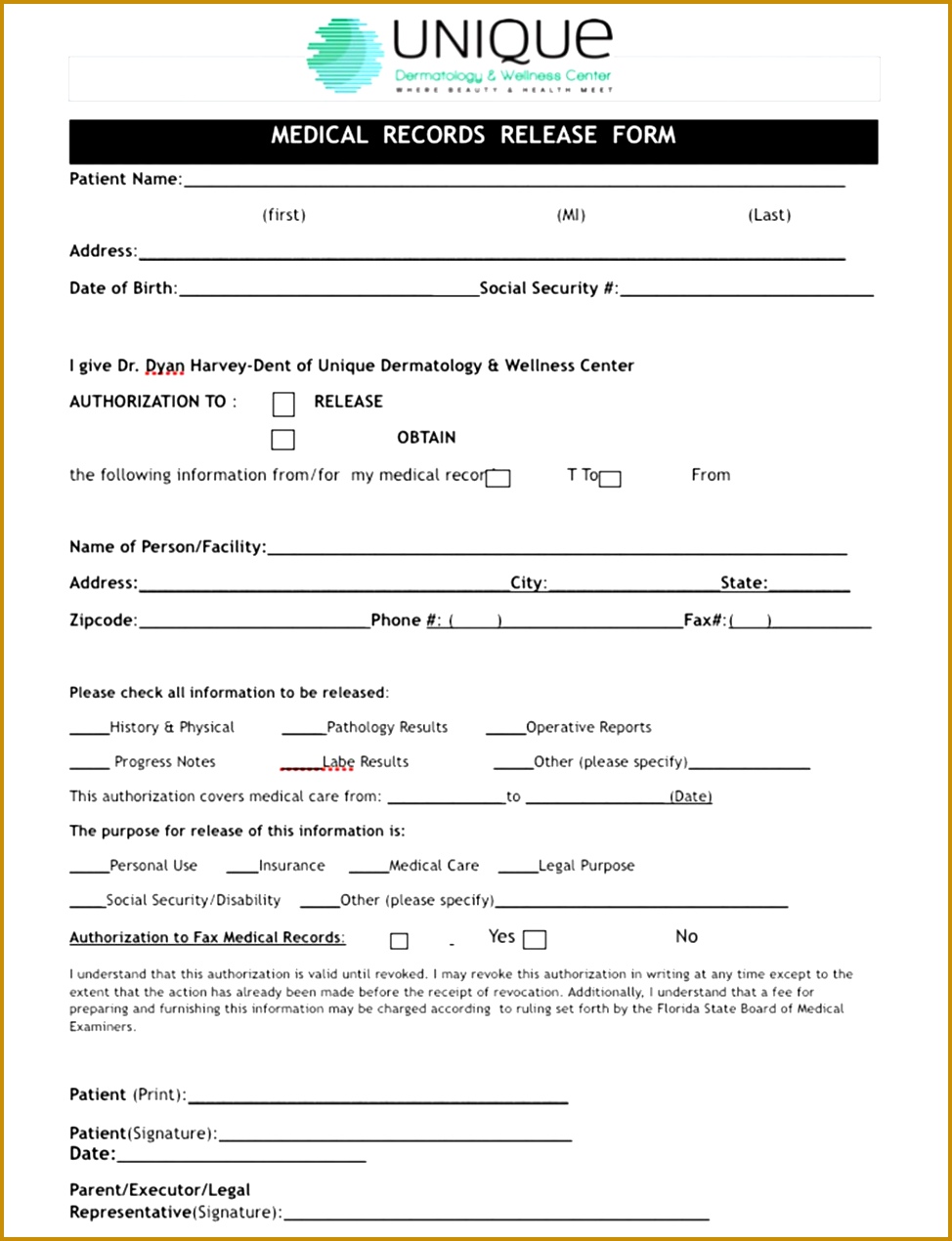 Patient Forms Unique Dermatology Wellness Medical Record Release Fo Medical Record Release Form Form 1270974