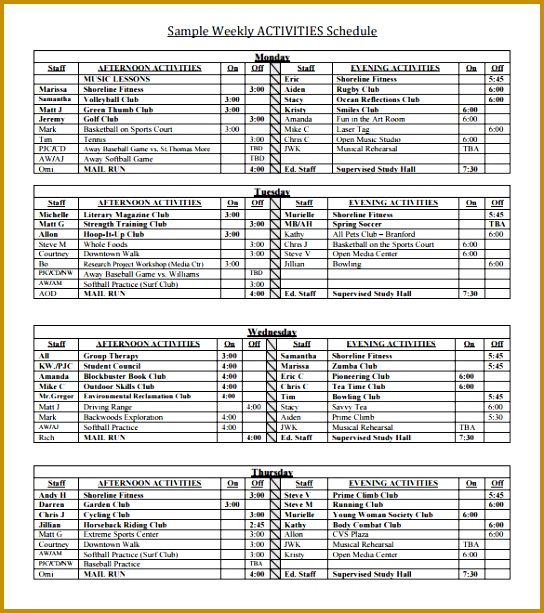 Weekly Activity Schedule Template PDF Download 544613