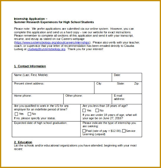 Example High School Internship Application Form Free Download 544567