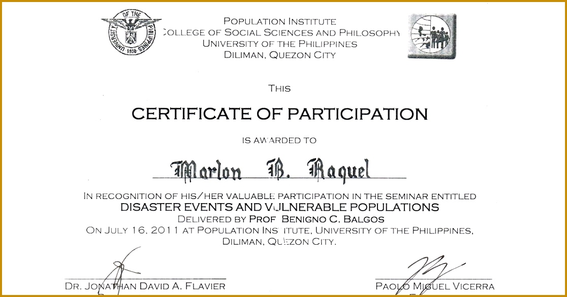 Tidbits and Bytes Example of Certificate of Attendance Seminar on Disaster Events and Vulnerable Populations 5851116
