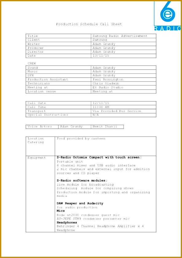 Radio Production Schedule Call Sheet Template 839593