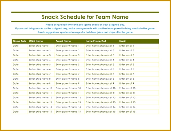 Youth sports snack sign up sheet 429558