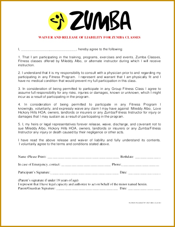 Printable Sample Release And Waiver Liability Agreement Form 768593