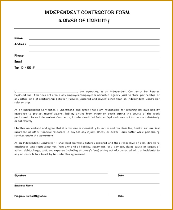 Example of Independent Contractor Liability Waiver Form 678558