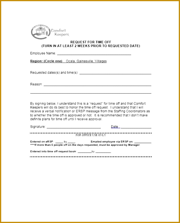 Printable time off request form template 09 762613