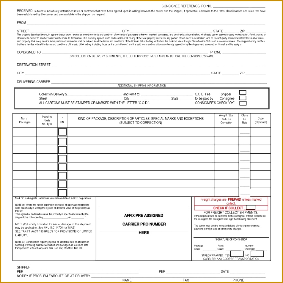 straight bill of lading short form pdf template and free blank bill of lading 952952