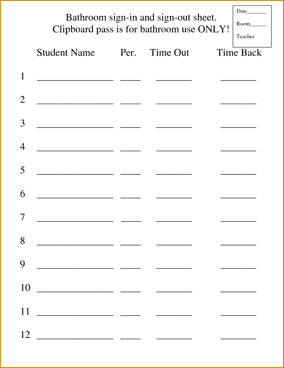 Bathroom Sign Out Sheet First Grade bathroom passes for school printable 15341185