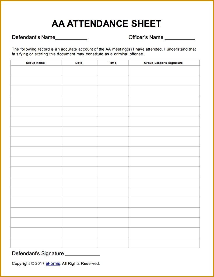 Alcoholics Anonymous AA Sign in Attendance Sheet Template 952734
