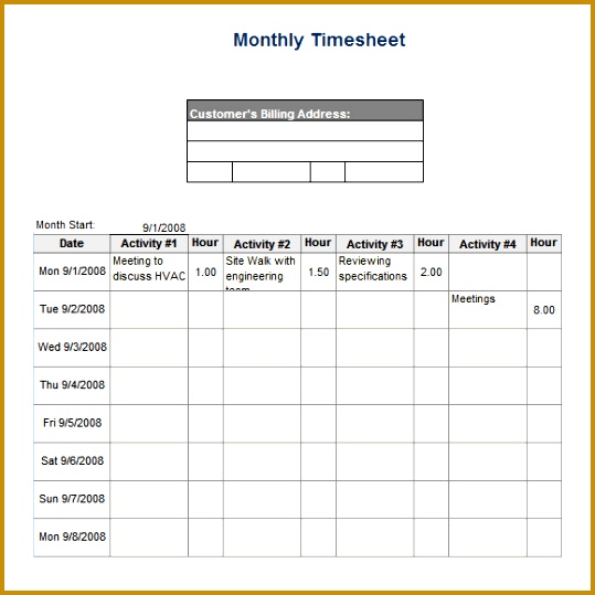 Monthly Timesheet Template Excel Free Download 539539