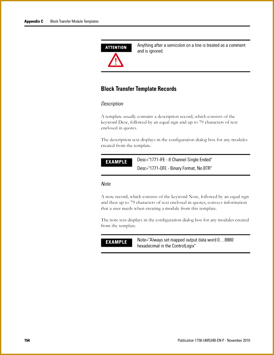 Block transfer template records Rockwell Automation 1756 RIO ControlLogix Remote I O munication Interface Module User Manual User Manual 1148887