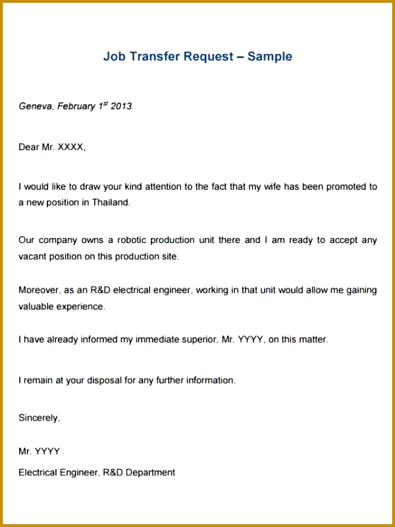 Job Transfer Request Letter Template – Sample PDF 558744