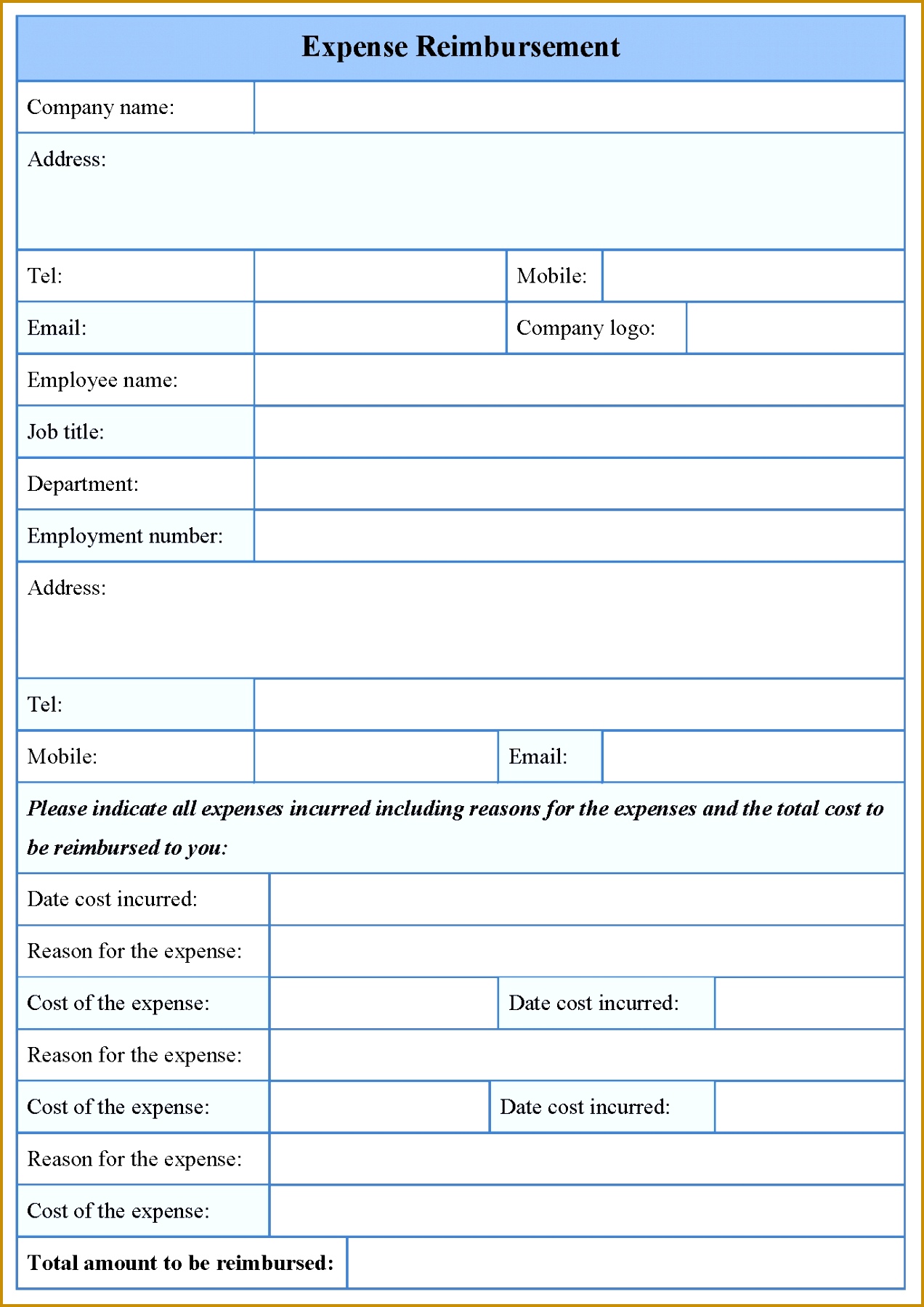 Business Expenses Form Template Receptionist Bylaws Templates 4 Expense Claim Form Templates Excel Xlts Sample Clain 18001272