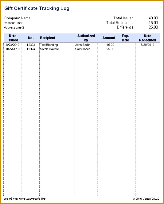 Download the Gift Certificate Tracking Log from Vertex42 665534