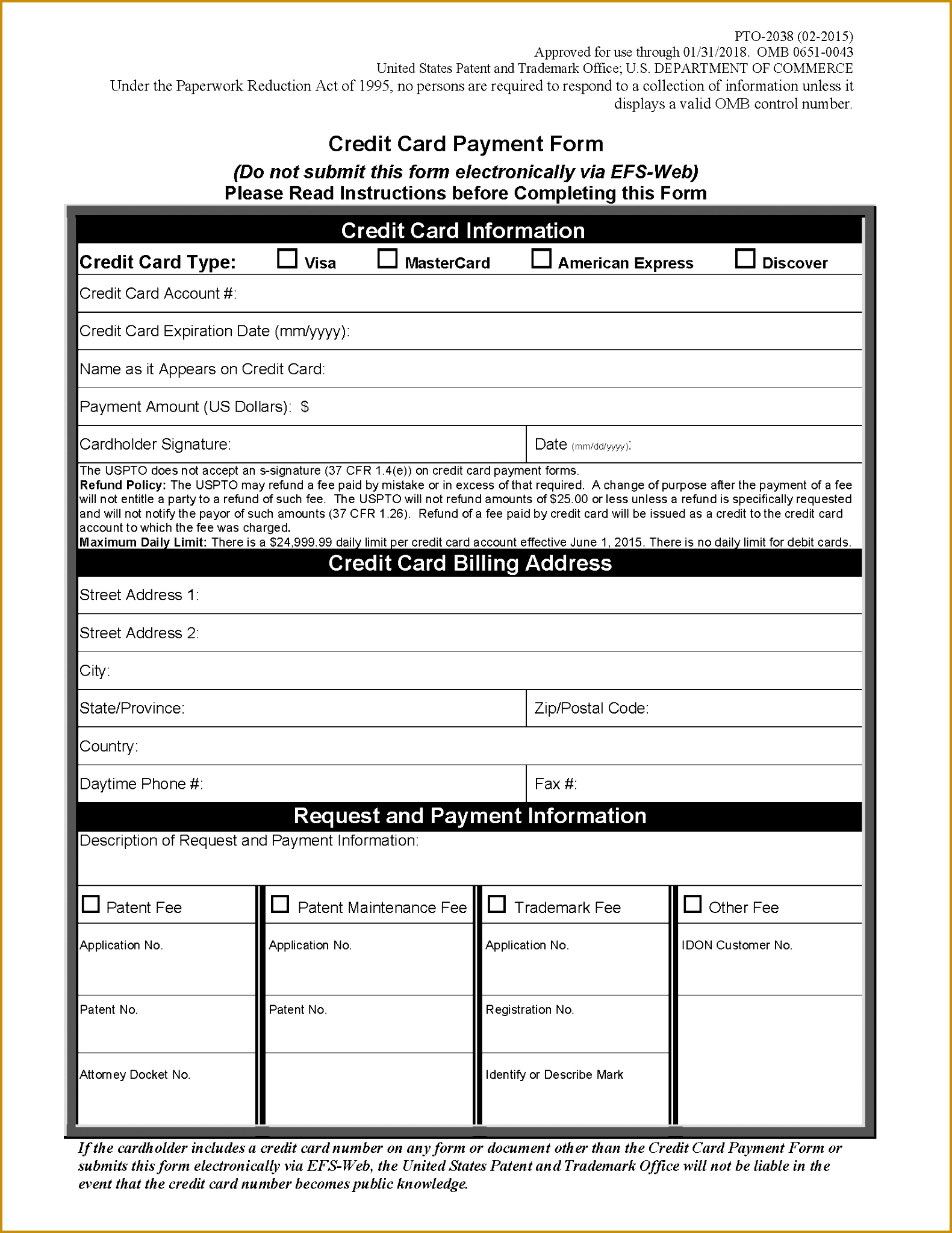 Credit Card Payment Form PTO 2038 20461581