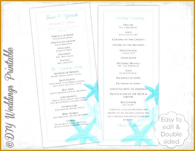 Beach Wedding program template Mailbu Blue "Starfish" Destination wedding printable order of ceremony DIY 528684