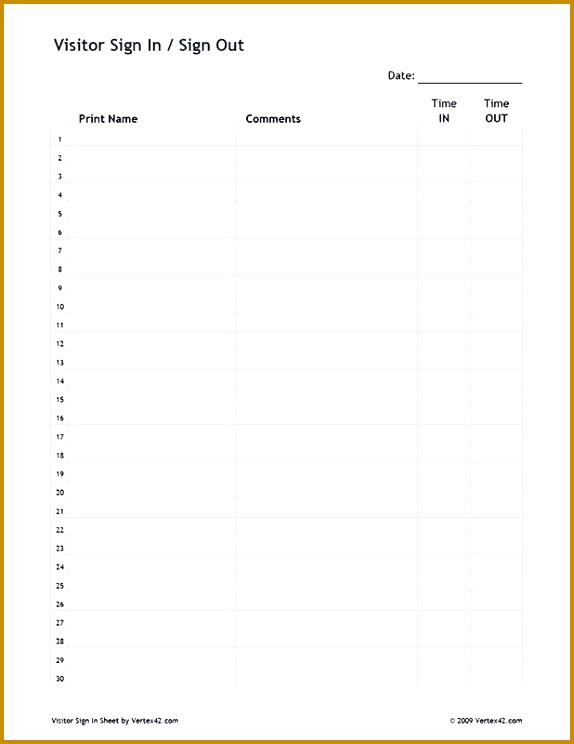 Free printable Visitor Sign In Sign Out Sheet PDF from Vertex42 744574