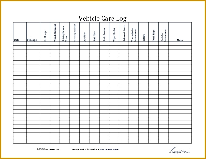 Vehicle care log printable pdf form for car maintenance 677523