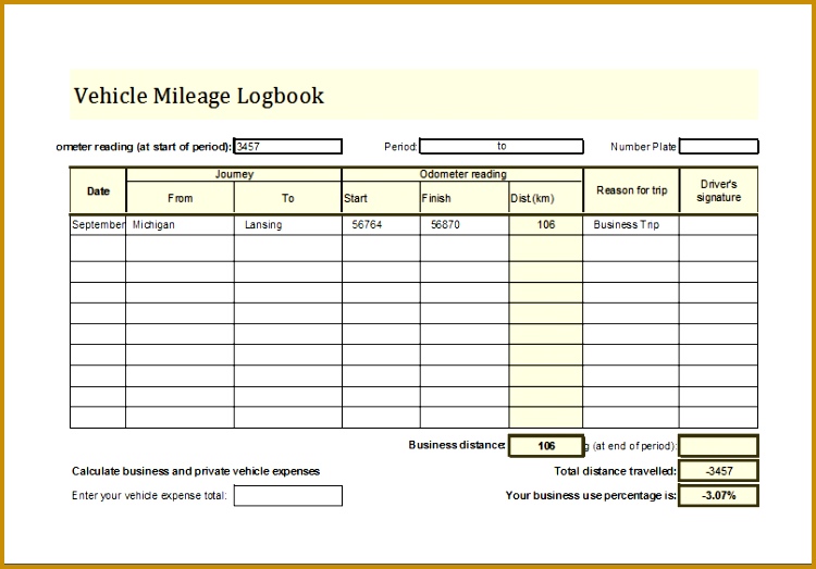 Vehicle Mileage Log Book 523750