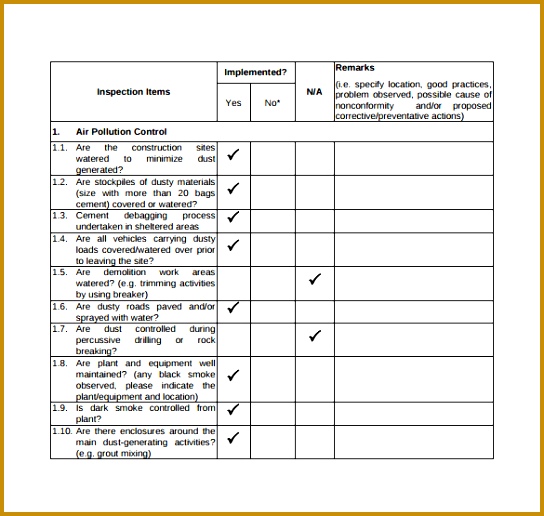 sample inspection checklist template 516544