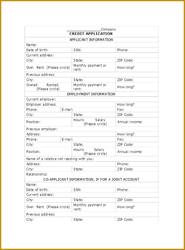 Printable Credit Application Form 03 811601