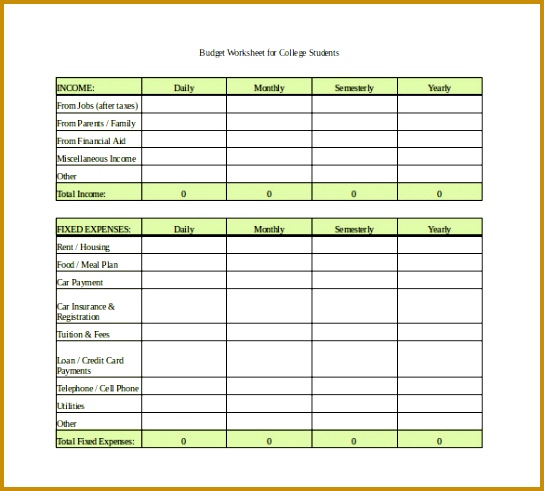 Monthly Bud Spreadsheet for College Students Excel Free Download 544491