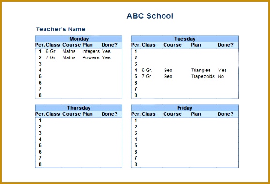 Teacher Weekly Schedule Template Free Printable Class Schedule 381558