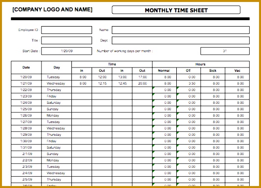 Monthly Time Sheet Template 530382
