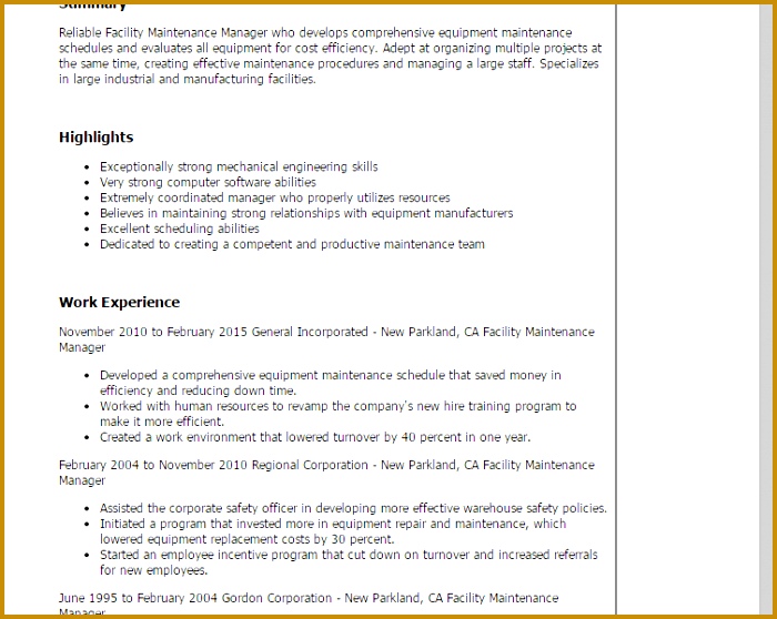 Download Maintenance Manager Resume 558700