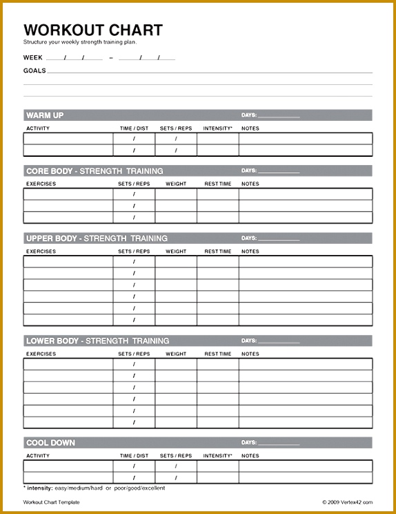 Free printable Workout Chart PDF from Vertex42 744574