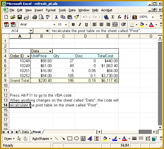 MS Excel 2003 Automatically refresh pivot table when data in a sheet changes 526478