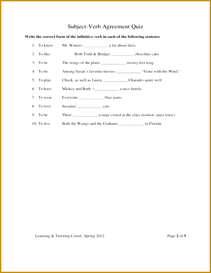 free subject verb agreement quiz template 876677