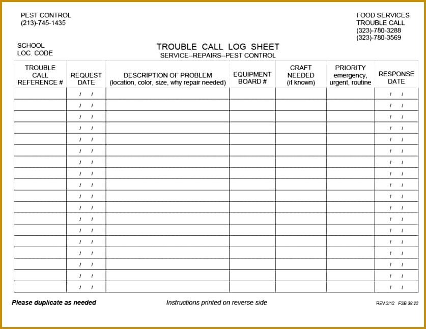 Printable call log template 42 647837