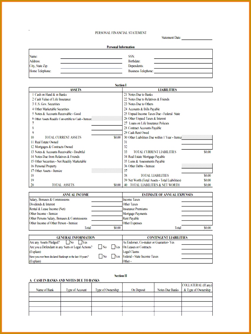 personal financial statement form free blank personal 8501129