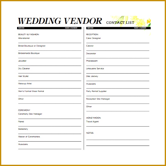 Wedding Vendor Contact List Template 544544