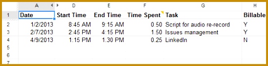 Columns in the time tracking template 135548