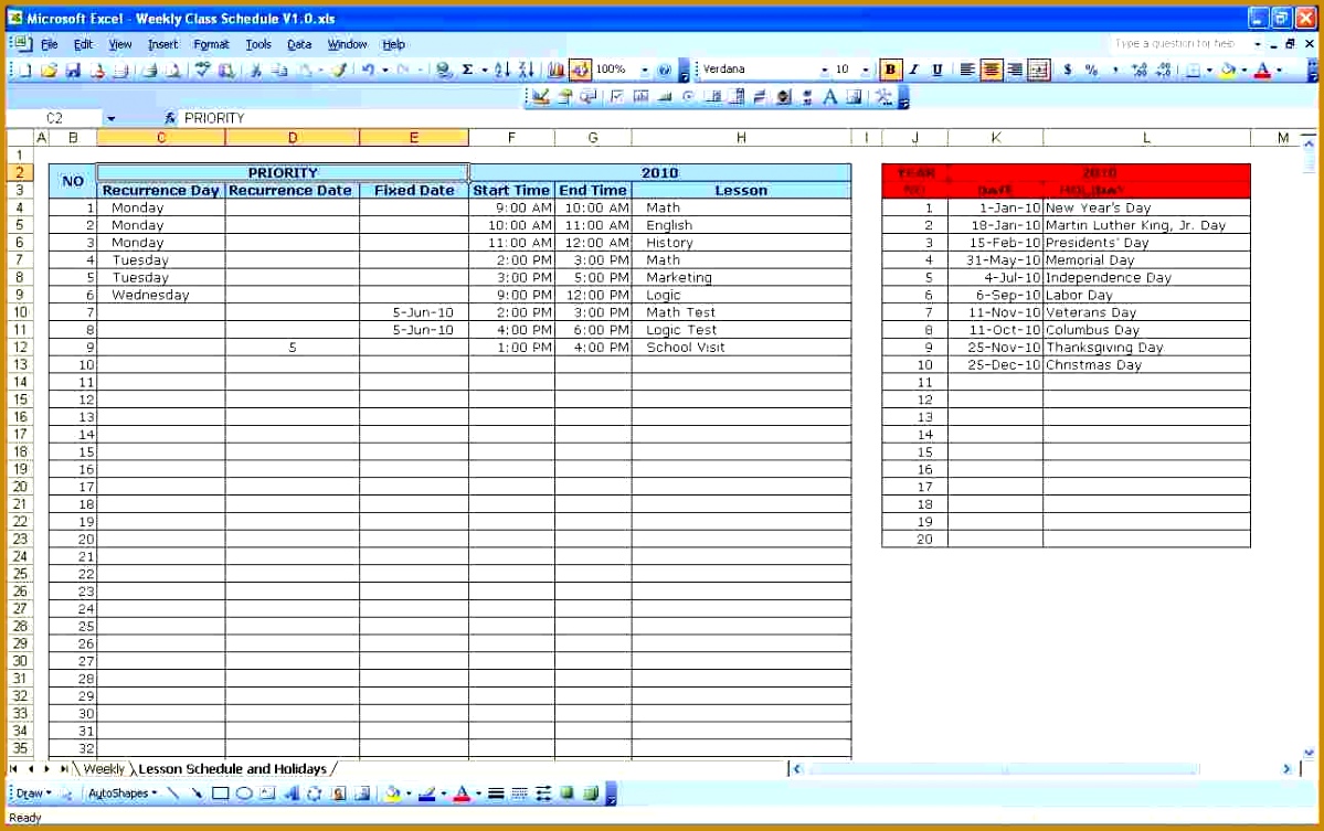 weekly class schedule template 7531199