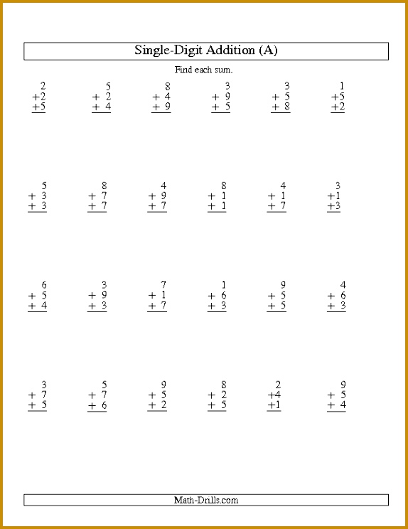 Addition Worksheet Column Addition Three Single Digit Numbers A 744574