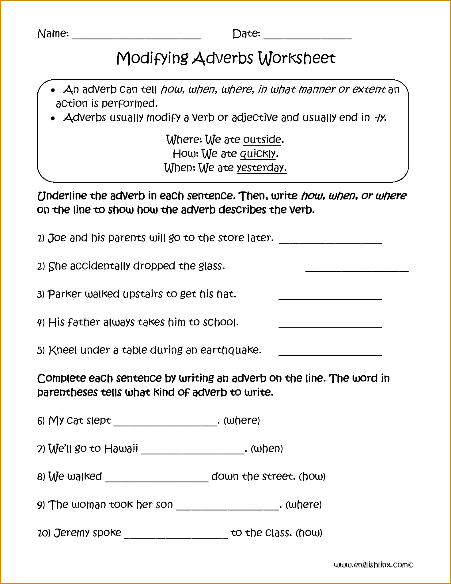 Adverb Clause Worksheets Grade 5