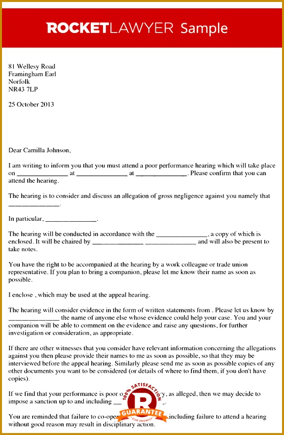 Sample Invitation letter to a poor performance hearing 883576