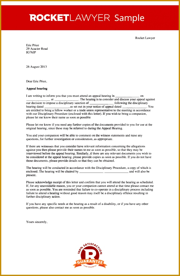 Sample Invitation letter to a disciplinary appeal hearing for misconduct 883576