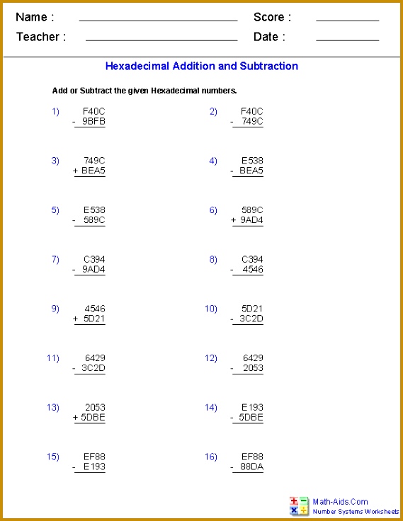 Adding and Subtracting Hexadecimal Worksheets 736569