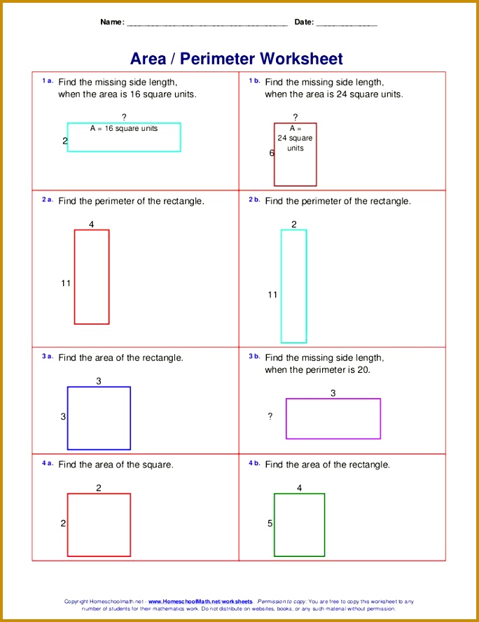 Area and perimeter worksheets rectangles and squares 889684