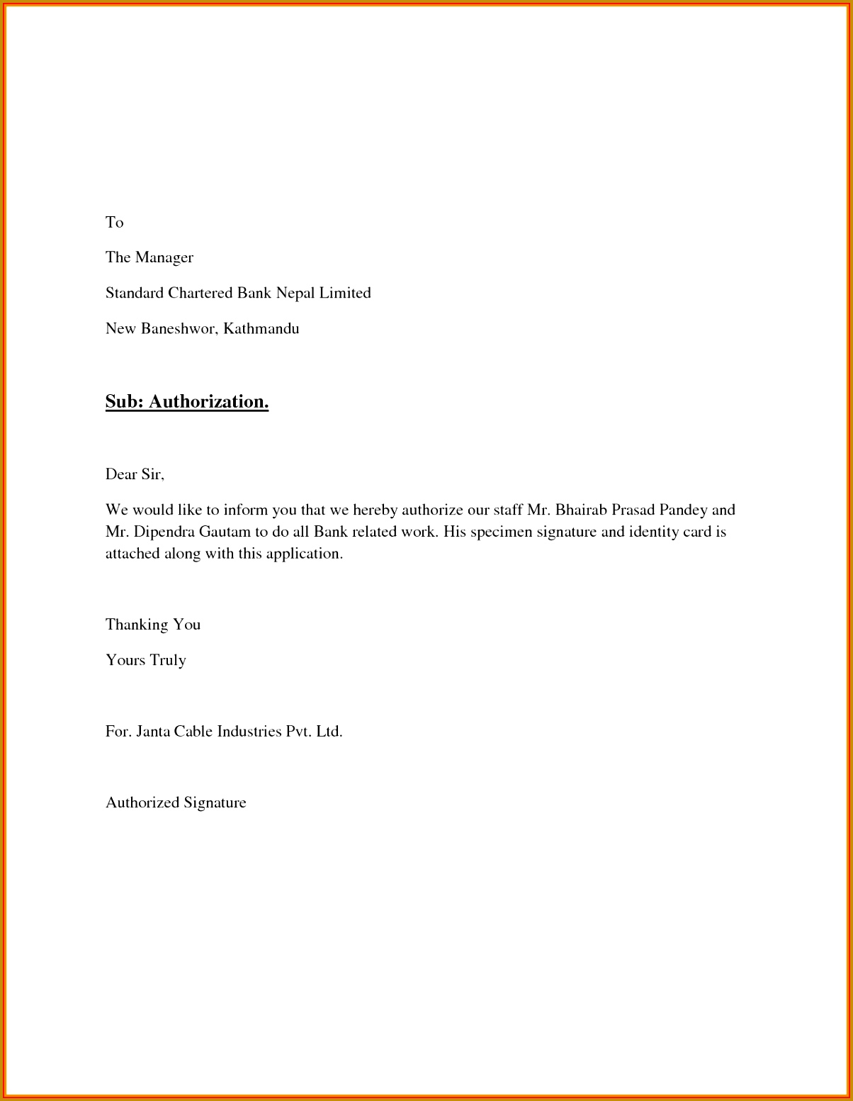 authorisation letter for bankgnature authorization letter sample 15531204