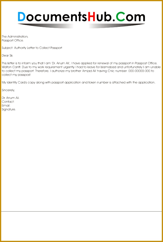 Sample Authority Letter to Collect Passport 819553