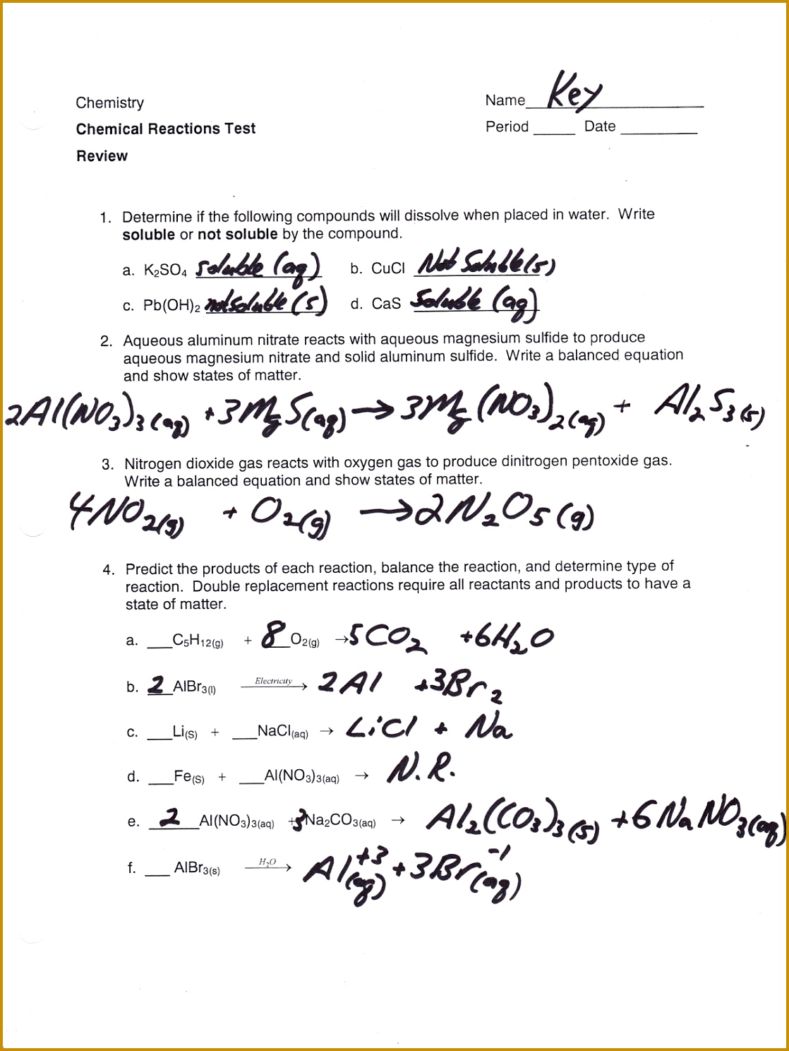 Review for Chapter Source · Section 111 Describing Chemical Reactions Practice Problems 11181488